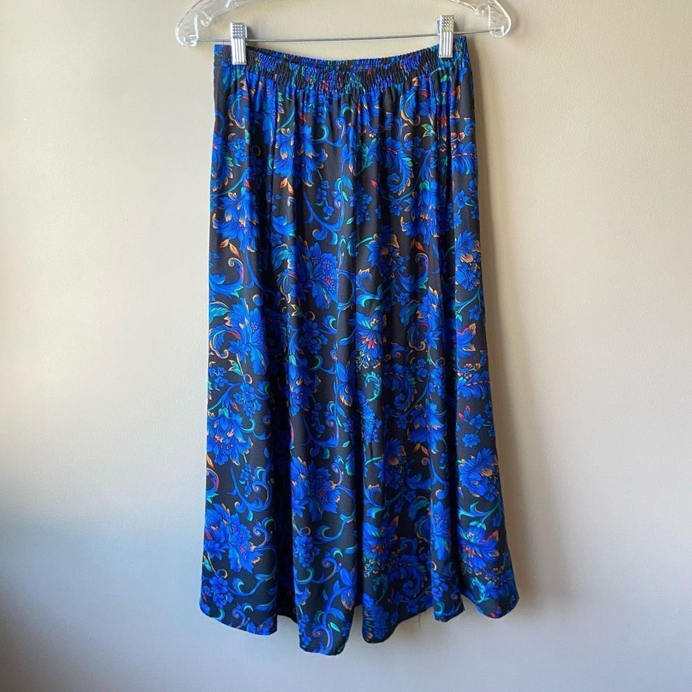 Vintage 80s/90s Liz Baker Essentials Elastic Waist A-Line Six Panel Blue Paisley